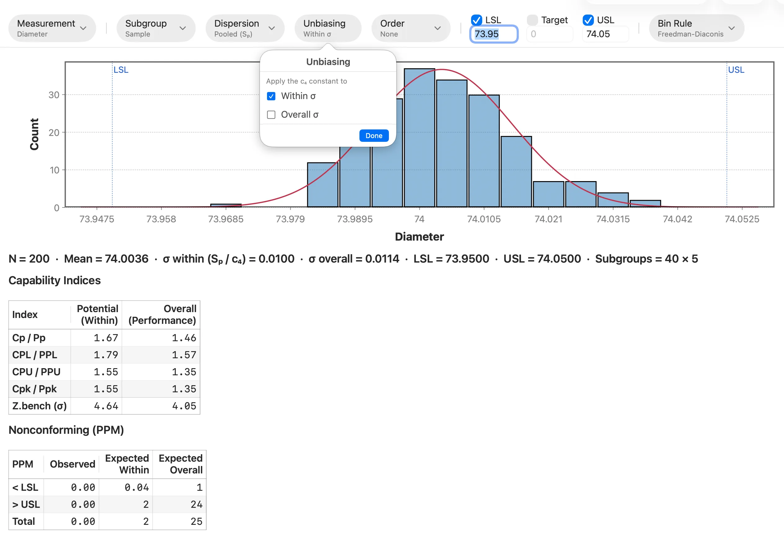 Stratum Process Capability with Dispersion set to Pooled S-p, the Unbiasing popover open showing the c-four constant applied to within sigma, and capability indices below