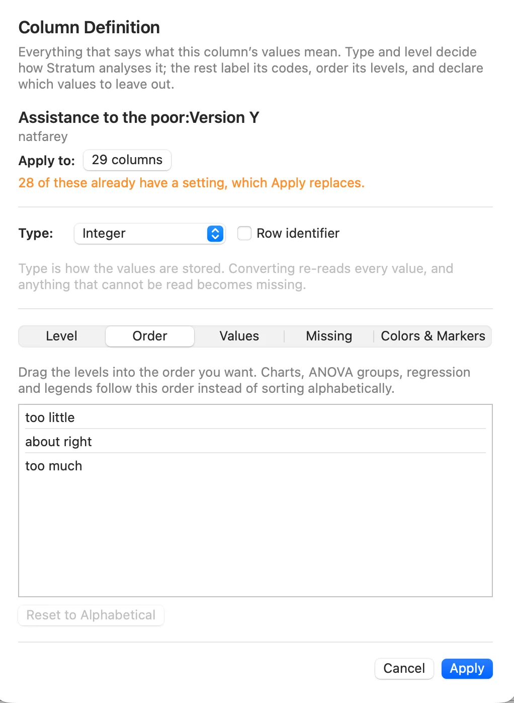 Stratum's Column Definition sheet on its Level tab, with Apply to reading 29 columns and Ordinal selected