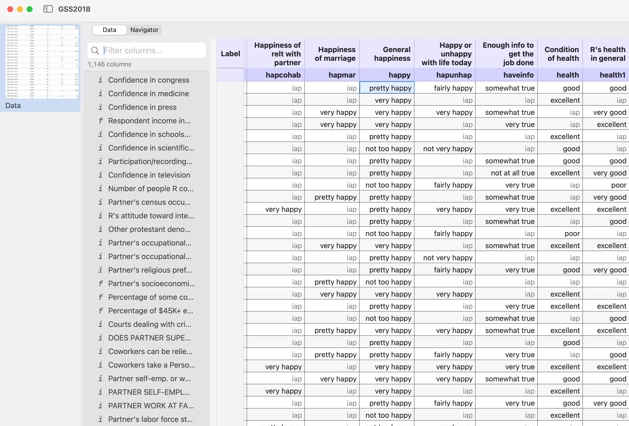 An SPSS .sav file open in Stratum: the column headers carry the GSS variable labels with the short variable names beneath them, the cells read as value labels in words, and user-missing codes such as iap are shown greyed